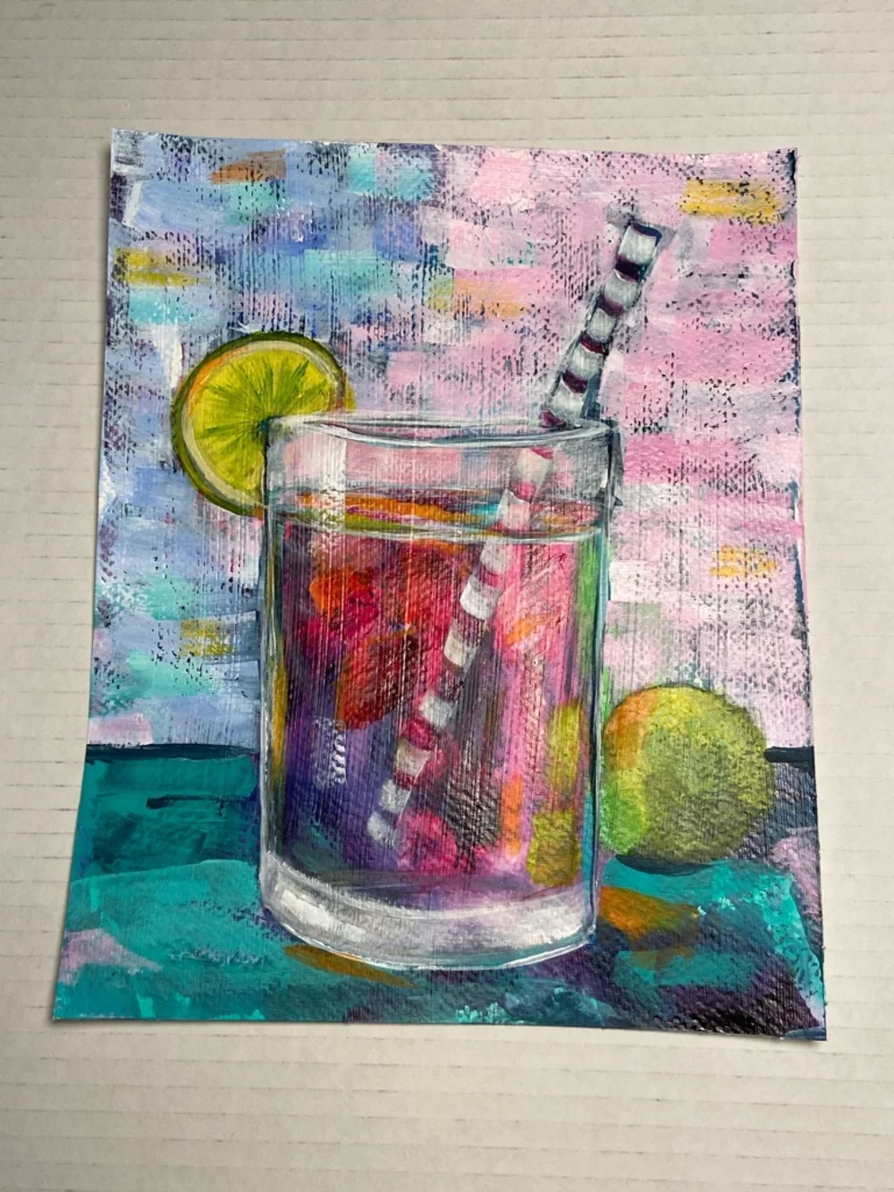 Tropical Sunset Colorful Cocktail Still Life Painting with Lime 8 X 10 " - Picture 6 of 7